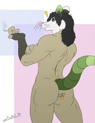 2019 american_opossum anthro ass black_hair black_sclera cigarette duo exclamation_point fur green_eyes green_inner_ear green_tail hair hi_res juano looking_back male mammal marsupial rear_view simple_background smoking solo_focus standing tail tan_body tan_fur trapped_in_butt zagthefox