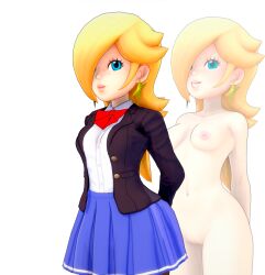 1girls 3d 3d_(artwork) blonde_hair blush breasts dressed female female_only hair_over_one_eye mario_(series) naked naked_female nintendo princess_rosalina pussy school_uniform smile solo sweat sweaty_body tagme zorralina