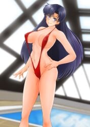 alluring bare_legs big_breasts bishoujo_senshi_sailor_moon black_hair female nanashi_noiji pin_up purple_eyes red_sling_bikini rei_hino rei_no_pool sling_bikini swimming_pool