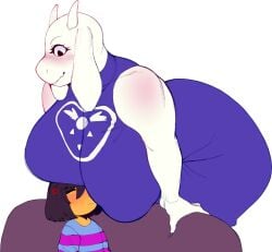 anthro ass big_ass big_breasts big_thighs blush breasts_bigger_than_head breasts_in_face female frisk fur furry gigantic_ass gigantic_breasts goat goat_ears goat_horns huge_ass huge_breasts larger_female looking_at_another nocturne_nsfw tagme toriel undertale undertale_(series) white_body white_skin