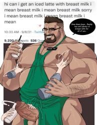 1boy 1human 2d bara barista bearded beefy big_muscles brown_hair closed_eyes cum cum_drip cum_dripping_from_penis cumshot da_ddy22 daddy daddy_kink dadee english_text gay gay_male glasses green_apron hands_on_pecs hands_on_penis handsome hunk male milk_from_nipples milk_squirt muscles nametag oc original_character penis smiling social_media stud text twitter veiny veiny_penis