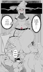 1boy adventurer ass_grab big_ass comic cum cum_under_clothes femboy green_(original) horse horse_anus kikapu_(artist) monochrome text zoophilia