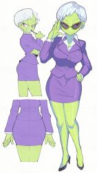 adjusting_eyewear adjusting_glasses adjusting_sunglasses big_breasts cheelai dragon_ball dragon_ball_super female high_heels inkuusan office_lady suit sunglasses tinted_eyewear wide_hips