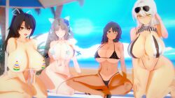 3d 4girls aged_up asuka_(senran_kagura) beach beach_towel beach_umbrella bikini blue_eyes bracelet brown_eyes brown_hair cloud enormous_breasts flower flower_in_hair grey_hair hair_ribbon hairclip homura_(senran_kagura) huge_breasts large_breasts looking_at_viewer milf miyabi_(senran_kagura) navel parasol partially_visible_nipples seaside senran_kagura side-tie_bikini sky sling_bikini striped_bikini sunglasses sunglasses_on_head tan_body tanline thick_thighs thunder_thighs white_hair wink xhion24 yellow_eyes yumi_(senran_kagura)