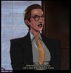 1girls actor adoggoart american_psycho brown_hair business_suit business_woman celebrity earrings female genderswap_(mtf) glasses lipstick looking_at_viewer mature_female mature_woman meme milf office office_lady older_female patrick_bateman real_person rule_63 short_hair text tie