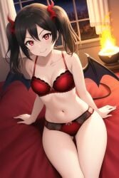 ai_generated bed bedroom black_hair bra cowboy_shot demon_girl demon_horns demon_tail demon_wings evil_smile fire indoors kurodex love_live! love_live!_school_idol_project medium_breasts night on_bed panties red_eyes twintails underwear wide_hips window yazawa_nico