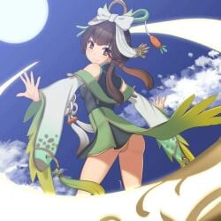 ass blush brown_hair chang'e_(mobile_legends) clothed clothing edit female looking_at_viewer looking_back mobile_legends mobile_legends:_adventure mobile_legends:_bang_bang moon no_panties pussy smile solo