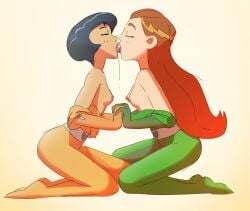 alex_(totally_spies) breasts_out closed_eyes interlocked_fingers kissing sam_(totally_spies) secludedsketches tongue_to_tongue totally_spies yuri
