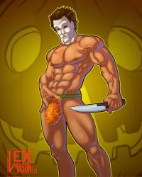 1boy bara bara_tits barazoku big_bulge bulge gay halloween halloween_(series) huge_bulge lex_mason male male_focus male_nipples male_only manly michael_myers muscular_male nipples penis penis_outline solo solo_male underwear yaoi