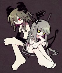 2girls barefoot black_hands black_sclera black_tail blonde_hair blunt_bangs breasts brown_background colored_sclera commission completely_nude demon_horns demon_tail earrings feet funamusea funamusea_(artist) grey_hair hair_over_breasts hair_over_one_eye hanten horns implied_yuri jewelry kurotsuno multiple_girls nude obsolete_dream official_art pointy_ears red_eyes scar scar_on_chest skeb_commission small_breasts tail white_nails yellow_eyes