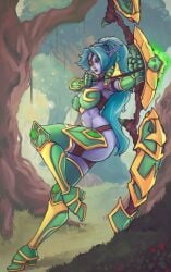 armor bow catias elf elf_ears eye_patch female forest le_moon night_elf pointy_ears teal_hair world_of_warcraft