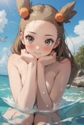 1girls ai_generated beach blush covering_breasts female gym_leader hands_on_head jasmine_(pokemon) jasmineolivine legs_together light_brown_hair long_hair looking_at_viewer naked naked_female nude nude_female outdoors partially_submerged pokemon solo suggestive suggestive_gesture suggestive_look water