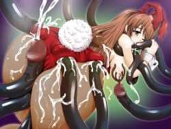 animal_ears asahina_mikuru ass breasts brown_hair cum cum_in_ass cum_on_body cum_on_breasts cum_on_clothes facial highres large_breasts long_hair nipples non-web_source rabbit_ears rabbit_tail sex suzumiya_haruhi_no_yuuutsu tail tentacle tentacle_sex