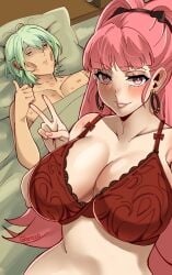 1boy 1girls 2023 artist_name bed blunt_bangs blush bra breasts byleth_(fire_emblem) byleth_(fire_emblem)_(male) ceroccb cleavage earrings female female_focus fire_emblem fire_emblem:_three_houses green_hair guy_tired_after_sex_(meme) highres hilda_valentine_goneril kiss_mark large_breasts light-skinned_female light-skinned_male light_skin lipstick_mark looking_at_viewer male meme mexico_alien nail_polish nintendo painted_nails peace_sign pink_eyes pink_hair pink_nails ponytail underwear v v_sign watermark