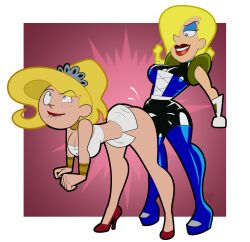 2girls agent_heidi ass atomictiki biting_lip blonde_hair breasts cartoon_network cleavage eris_(billy_and_mandy) evil_con_carne high_heels latex_suit multiple_girls strap-on the_grim_adventures_of_billy_and_mandy yuri