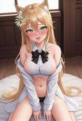 abs admiral_daisy023 ahe_gao ai_generated blonde_hair_female bow_tie breasts daisy023 daisy_ornament dress_down fleet_admiral_daisy023 full_body green_eyes hair_between_eyes hair_ornament high_resolution highly_detailed long_hair navel panties sitting_on_bed sweating tongue_out twitch.tv virtual_youtuber vrchat vtuber white_dress wolf_ears wolf_girl