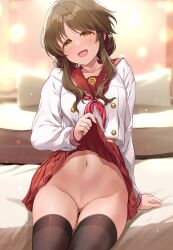 bar_censor black_thighhighs blush brown_eyes brown_hair censored clothes_lift feet_out_of_frame female flashing groin hair_bun highres idolmaster idolmaster_cinderella_girls lifted_by_self long_hair looking_at_viewer mk_(mod0) navel neckerchief no_panties open_mouth pussy red_neckerchief red_sailor_collar red_skirt sailor_collar school_uniform shirt sidelocks sitting skirt skirt_lift smile solo stomach takamori_aiko thighhighs thighs white_shirt