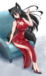 1girls big_breasts black_hair cat_ears clothed clothing fluffy_tail furry kawa-v kemonomimi large_breasts light_skin long_hair looking_at_viewer qipao solo solo_female tail thighs