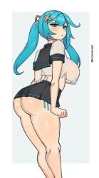 1girls ass big_ass big_breasts blue_eyes blue_hair blush breasts cosplay crop_top eyeliner faruzan_(genshin_impact) female genshin_impact hatsune_miku huge_ass huge_breasts kuromaruart large_ass large_breasts short_skirt solo solo_female thick_thighs thighs underboob vocaloid