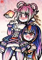 2girls absurdres alear_(female)_(fire_emblem) alear_(fire_emblem) blue_hair blue_pantyhose braid breasts cleavage cross-laced_clothes cross-laced_dress crossed_bangs crown_braid dress facial_mark female female_only female_pervert fingering fingering_partner fire_emblem fire_emblem_engage folded_twintails grabbing grabbing_another's_breast groping hair_flaps hair_rings heart heart_facial_mark heterochromia highres hortensia_(fire_emblem) long_hair medium_breasts molestation multicolored_hair multiple_girls neriedor nintendo pantyhose pervert red_hair striped striped_dress tiara two-tone_hair two-tone_pantyhose vertical-striped_dress vertical_stripes very_long_hair yuri