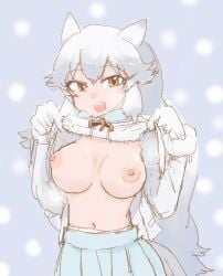 arctic_fox_(kemono_friends) areolae breasts fox_ears fox_girl kemono_friends lifted_by_self shirt_lift skirt tagme white_hair