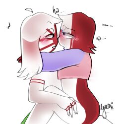 2girls blush countryhumans countryhumans_girl fascist_italy_(countryhumans) female female_only homosexual italy_(countryhumans) japan_(countryhumans) japanese_empire_(countryhumans) lesbian_sex multicolored_skin multiple_girls shading tears_of_orgasmic_joy white_body white_hair yuri