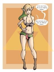 beltskirt blonde_hair bra cleavage english_text female female_only fully_clothed genderswap_(mtf) large_ass large_breasts link lips miniskirt revealing_clothes rule_63 sampleguy skimpy_clothes skirt text the_legend_of_zelda thick_thighs wide_hips