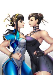 2girls big_breasts big_thighs black_clothing black_dress black_hair blue_clothing breasts choker chun-li chun-li_(cosplay) cosplay costume_swap costume_switch crossover dress ear_ring earrings female female_only fingerless_gloves gloves gray_eyes grey_eyes mascara mature_female milf multiple_girls red_eyes short_hair skin_tight skintight smile smiling spy_x_family street_fighter street_fighter_6 thighs thorn_princess thotlerrr treartz yor_briar yor_briar_(cosplay)