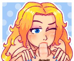 1boy1girl 1girls 2024 anon balls blonde_hair blowjob blue_eyes drool fellatio haley_(stardew_valley) ibispaintx lipstick lipstick_on_penis lipstick_smear nail_polish one_eye_closed oral penis pubic_hair simple_background sivuliike sloppy stardew_valley straight unseen_male