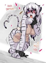 1girls alya_(born_of_itheriont) blush born_of_itheriont breasts chains feline female furry heart_tail heat heterochromia kawa-v licking long_hair looking_at_viewer multicolored_hair solo solo_female tail text tiger