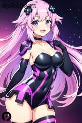 :d adult_neptune ai_generated black_choker black_gloves black_leotard blush breasts choker cleavage collarbone covered_navel cowboy_shot d-pad d-pad_hair_ornament elbow_gloves female gloves hair_ornament large_breasts leotard long_hair looking_at_viewer neptunia_(series) open_mouth pikkiwynn pink_hair purple_eyes purple_hair skindentation smile solo thighhighs very_long_hair