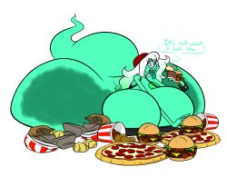 belly big_belly big_breasts blakeroats breasts eating_food female food ghost ghost_girl gluttony hamburger huge_belly huge_breasts hyper_belly pizza spirit stuffed_belly stuffing