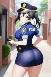 ai_generated black_hair blush day female from_behind hand_on_hip kurodex large_ass love_live! love_live!_school_idol_project medium_breasts one_eye_closed outdoors posing red_eyes smile solo standing street twintails wide_hips wink yazawa_nico