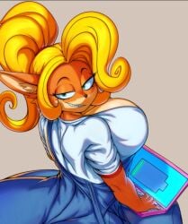 1girls 2023 activision anthro ass ass_bigger_than_head bandicoot big_ass big_breasts big_butt blonde_hair breasts bubble_ass bubble_butt clothed clothing coco_bandicoot crash_(series) daiidalus dat_ass fat_ass fat_butt female female_only gray_background green_eyes huge_ass huge_butt laptop looking_at_viewer ponytail smile smiling smiling_at_viewer solo solo_female thick_thighs vhsdaii wide_hips