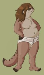 anthro briefs briefs_only brown_body brown_fur brown_hair closed_eyes clothed clothing crossdressing eyewear female fur glasses green_background hair hands_on_hips hanes herpestid jessie_(nogitsunegabriel) mammal markings meerkat null_breasts overweight overweight_female simple_background smile solo story story_in_description striped_markings stripes tan_body tan_fur tanukisan tighty_whities topless underwear underwear_only white_briefs white_clothing white_underwear