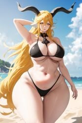 ai_generated animal_ears anthro arknights bangs big_breasts bikini bikini_bottom bikini_top black_bikini blonde_hair breasts curvy degenbrecher_(arknights) female goat_ears goat_girl goat_horns hair_between_eyes horns large_breasts long_hair mature_female milf stable_diffusion thick_thighs very_long_hair voluptuous wgenjoyr4539 wide_hips yellow_eyes