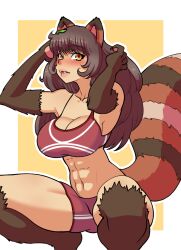 1girls abs big_breasts blush brown_hair fluffy_tail furry humanoid kawa-v large_breasts long_hair muscular_female solo solo_female sports_bra tail tanuki thick_thighs