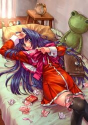 after_sex black_thighhighs blue_eyes blue_hair bow bowtie condom dress female frog highres implied_sex kanon keropii long_hair longmei_er_de_tuzi lying minase_nayuki on_back open_wrapper panties_around_leg pink_bow pink_bowtie red_dress smile solo stuffed_animal stuffed_toy sweat thighhighs thighs used_condom used_tissue very_long_hair