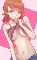 brown_hair charmed female heart-shaped_pupils lifting_shirt midriff n7grey persona persona_3 pink_background pink_hair_streak pink_shirt underboob yukari_takeba