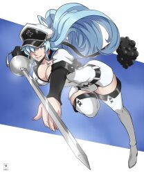 1girls akame_ga_kill! big_breasts blue_eyes blue_hair clothed clothing esdeath_(akame_ga_kill!) hat kawa-v large_breasts long_hair military_uniform solo solo_female sword thick_thighs weapon