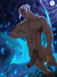 balls bara big_penis erection huge_cock ling_(mobile_legends) looking_at_another mobile_legends mobile_legends:_bang_bang moon moonlight muscular muscular_male nart17154623 night nipples nude penis pubic_hair silver_hair solo weapon