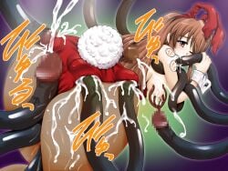 animal_ears archaic_japanese_text asahina_mikuru ass breasts brown_hair cum cum_in_ass cum_on_body cum_on_breasts cum_on_clothes facial highres large_breasts long_hair nipples non-web_source rabbit_ears rabbit_tail sex suzumiya_haruhi_no_yuuutsu tail tentacle tentacle_sex