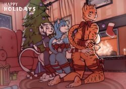 2022 3girls anthro ass chair christmas christmas_present christmas_stocking christmas_tree domestic_cat felid feline felis female female_only fireplace furniture genitals gift group hi_res holidays living_room looking_at_viewer looking_back luraiokun mammal multiple_girls original original_character original_characters pantherine plant presenting presenting_hindquarters pussy red_wraps rosie_(ionic44) smile smiling_at_viewer stirrup_legwear striped_body stripes take_your_pick tezza_(ionic44) tiger toeless_legwear tree trio wild_(ionic44)