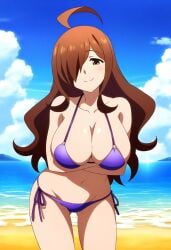 1girls ai_generated amber_eyes arms_under_breasts beach bikini blue_bikini breasts brown_hair closed_mouth clouds day daytime dokidoki_ninja facing_viewer female hair_over_one_eye kono_subarashii_sekai_ni_shukufuku_wo! light-skinned light-skinned_female long_hair navel sea sky smile smiling solo solo_female wiz_(konosuba)