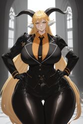 ai_generated animal_ears anthro arknights bangs big_breasts black_gloves blonde_hair breasts curvy degenbrecher_(arknights) female gloves goat_ears goat_girl goat_horns hair_between_eyes horns jacket large_breasts long_hair long_sleeves mature_female milf pants shirt stable_diffusion thick_thighs very_long_hair voluptuous wgenjoyr4539 wide_hips yellow_eyes