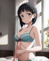 1girls ai_generated bedroom black_hair blunt_bangs blush bra cleavage embarrassed female female_only fossillight green_eyes hair_ornament hairclip indoors kirigaya_suguha light-skinned_female light_skin looking_at_viewer midriff nai_diffusion panties petite smile solo solo_focus stable_diffusion sword_art_online underwear