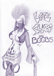 breasts clothes female female_only front_view hair human leaning letz_shake looking_at_viewer mohawk monochrome no_more_heroes open_eyes rule_63 simple_background sketch solo white_background