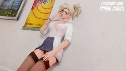 3d 3d_(artwork) big_ass big_breasts blender blender_(software) blender_cycles boobs doctor glasses lingerie mercy naughty naughty_face outfit overwatch overwatch_2 pussy skirt smile solo solo_female standing stockings thighs typiconart video_games