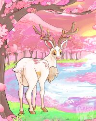 absurd_res balls big_balls cervine cherry_blossom cirkus colorful deer feral fingal_(sid_the_corvideon) forest generation_5_pokemon genitals hi_res male male_only mammal nintendo plant pokemon pokemon_(species) sawsbuck solo spring_sawsbuck tree water