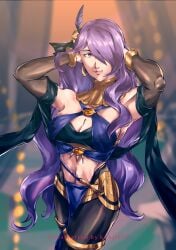 1girls alternate_costume armlet artist_name bare_shoulders bodystocking bracelet breasts bridal_legwear camilla_(fire_emblem) circlet cleavage cosplay cover cowboy_shot criss-cross_halter dancer dorothea_arnault dorothea_arnault_(cosplay) dorothea_arnault_(plegian) dorothea_arnault_(plegian)_(cosplay) earrings female female female_only fire_emblem fire_emblem:_three_houses fire_emblem_fates fire_emblem_heroes hair_over_one_eye halterneck harem_outfit highres jewelry kenjik76 kenjik76 large_breasts lips long_hair looking_at_viewer mature_female midriff navel necklace nintendo pantyhose pelvic_curtain plegian purple_eyes purple_hair simple_background smile solo thigh_ring thighlet tiara very_long_hair wavy_hair